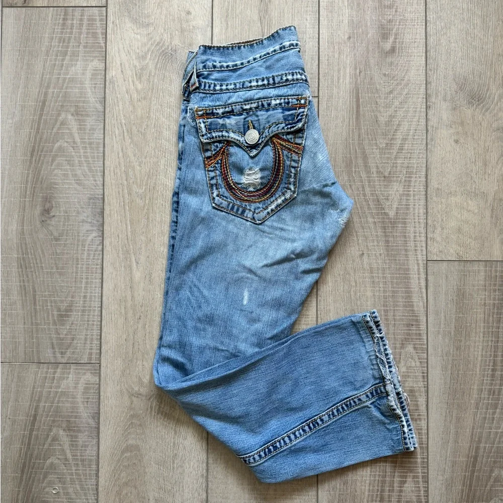 Vintage True Religion Rainbow Joey Distressed Horseshoe Pocket Jeans low rise